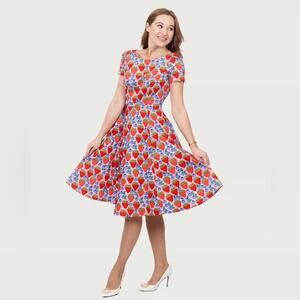 Eva Rose Cap Sleeve Dress Strawberry Blueberry Print Retro Full Skirt Pockets M